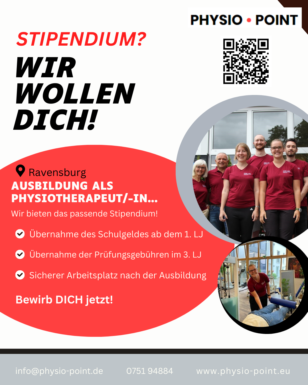 Wir bieten für die Ausbildung als Physiotherapeut/-in das passende Stipendium und bezahlen das Schulgeld ab dem 1. LJ 
Ebenso übernehmen wir die Prüfungsgebühren ab dem 3. LJ und bieten einen Sicheren Arbeitsplatz nach der Ausbildung. 